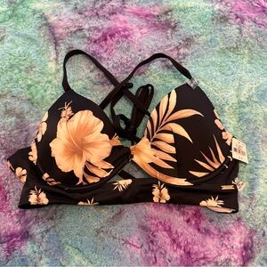 NWT PINK Black Tan Floral Bikini Top